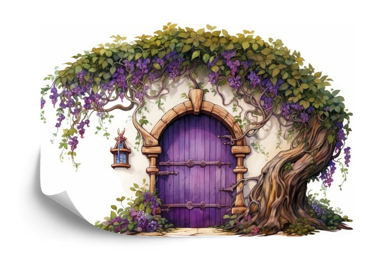 Purple Fairy Door Wall Mural, Flowers Girls Room Decor
