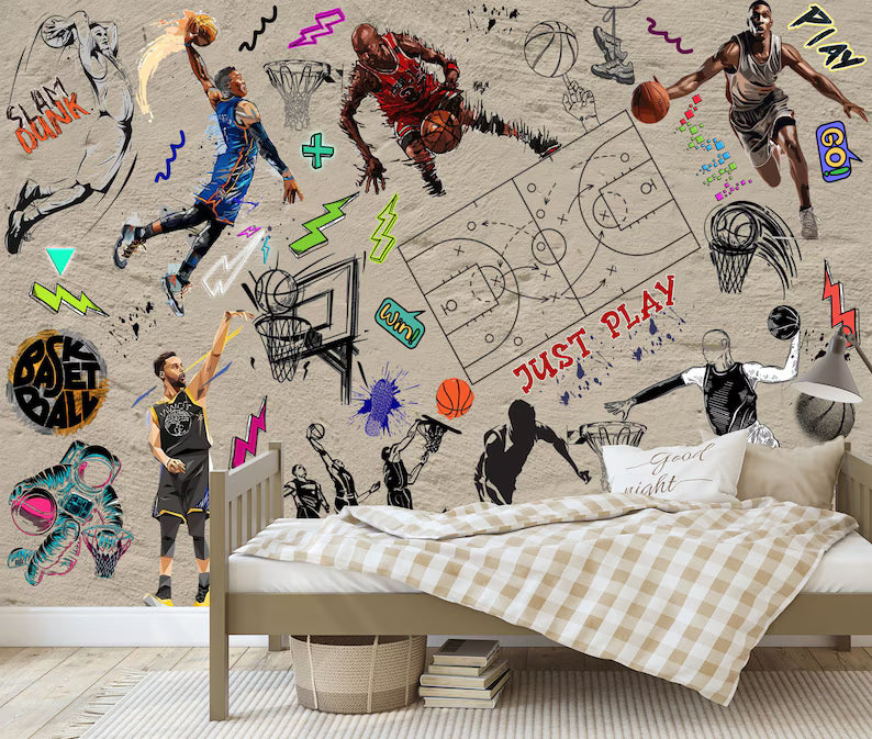 Graffiti Basketball Mural: Urban Gym Decor