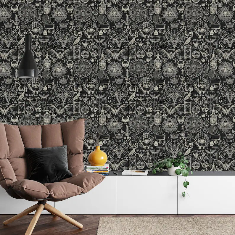 Alchemy Gothic Wallpaper Mural: Skulls, Bats, Moons