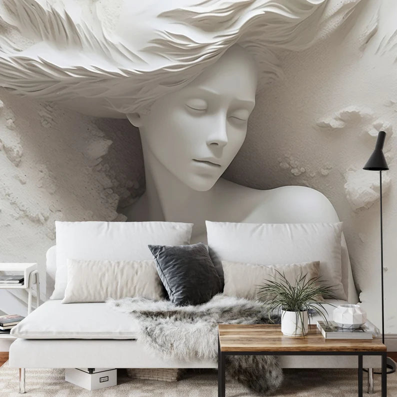 3D Illusion Woman Face Mural, Realistic Art Wallpaper