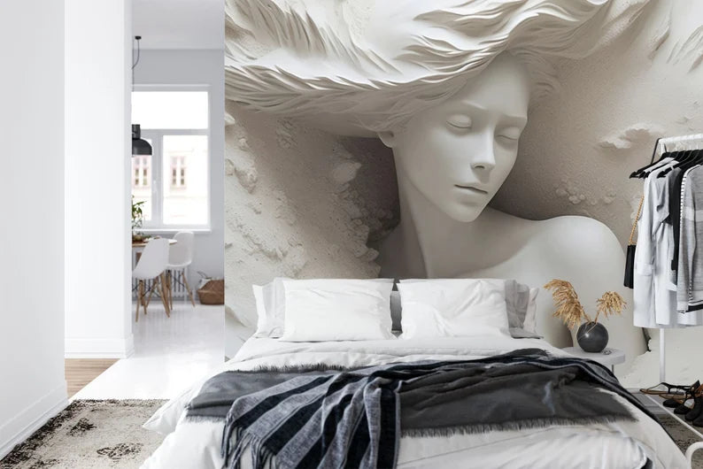 3D Illusion Woman Face Mural, Realistic Art Wallpaper