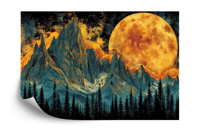 Mountain Full Moon Mural, Sky and Trees