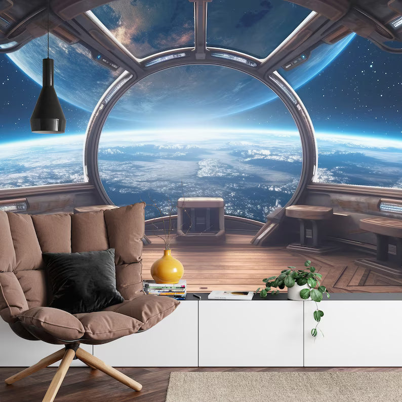 Spaceship Window View Wall Mural, Outer Space Kids Wallpaper