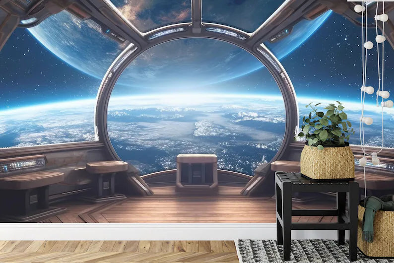 Spaceship Window View Wall Mural, Outer Space Kids Wallpaper