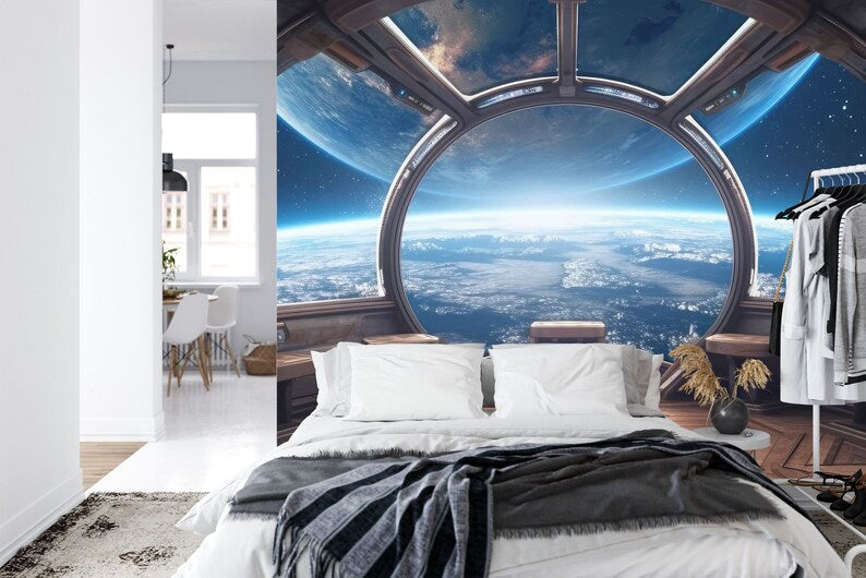 Spaceship Window View Wall Mural, Outer Space Kids Wallpaper