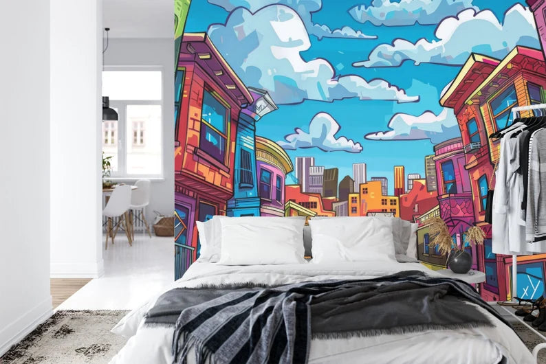 Cartoon Cityscape Wallpaper Mural, Kids Room Decor