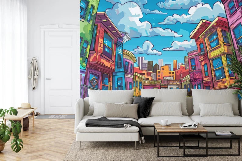 Cartoon Cityscape Wallpaper Mural, Kids Room Decor