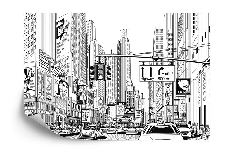 Cartoon City Street Wallpaper Mural, Black and White Comic