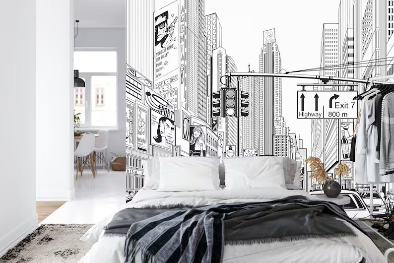 Cartoon City Street Wallpaper Mural, Black and White Comic