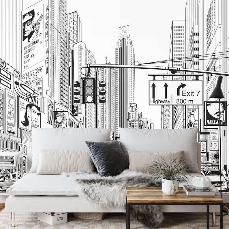 Cartoon City Street Wallpaper Mural, Black and White Comic