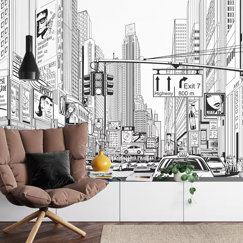 Cartoon City Street Wallpaper Mural, Black and White Comic