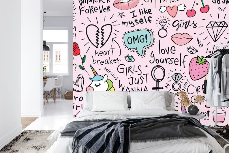 Pink Doodle Girls Room Wallpaper Mural, Unicorn Art Print