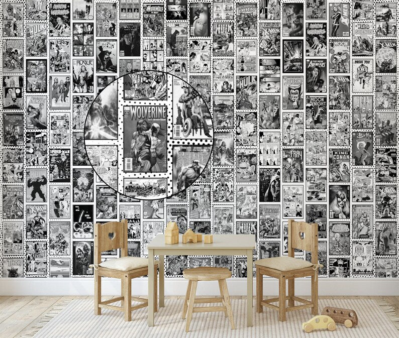 Vintage Comics Collage Wallpaper, Black and White