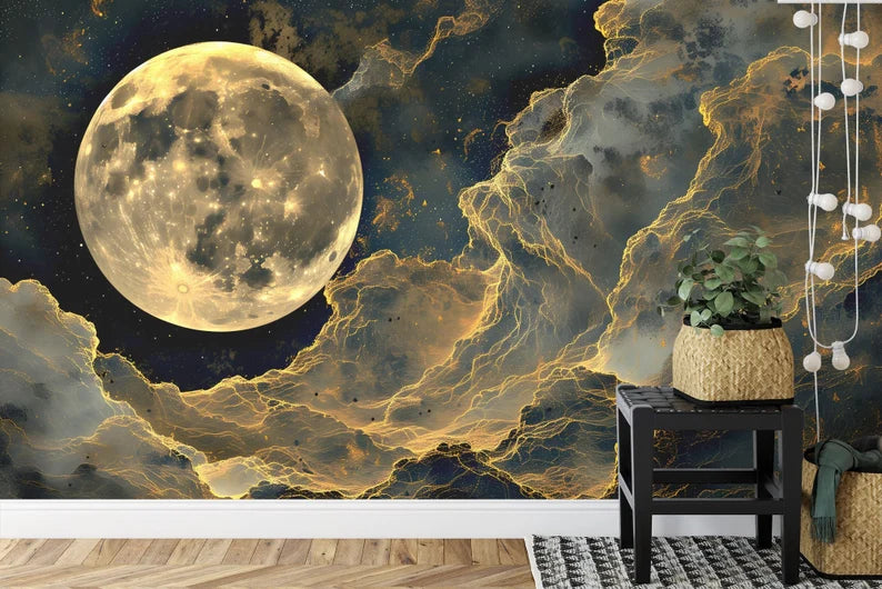 Golden Full Moon Wall Mural, Cloudy Night Art Print
