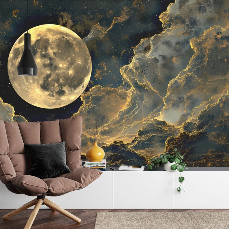 Golden Full Moon Wall Mural, Cloudy Night Art Print