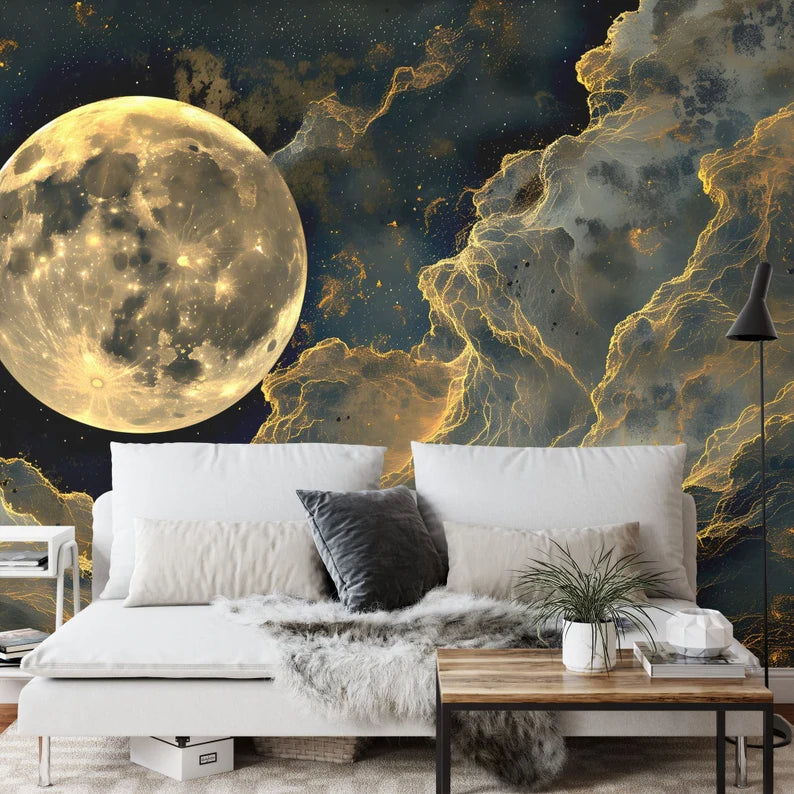 Golden Full Moon Wall Mural, Cloudy Night Art Print