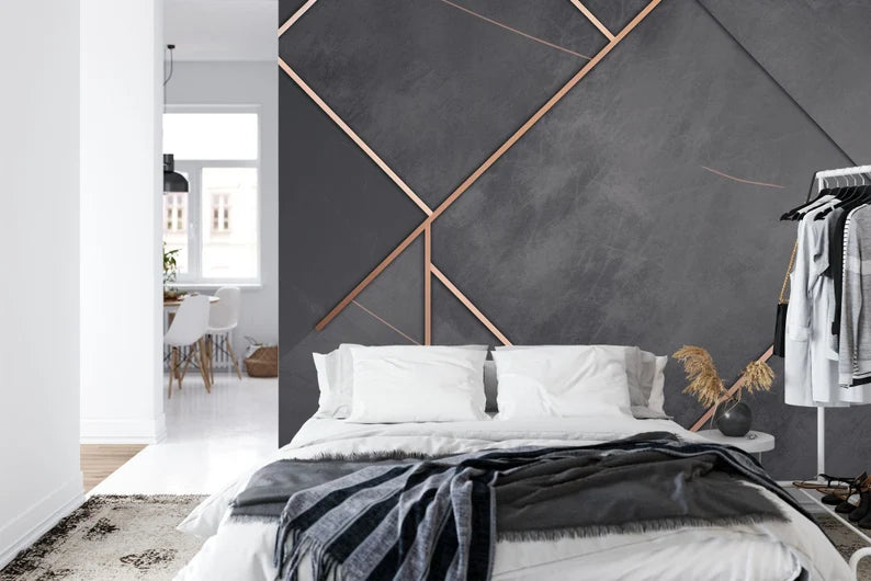 Charcoal Gray Marble Rose Gold Geometric Wallpaper Mural