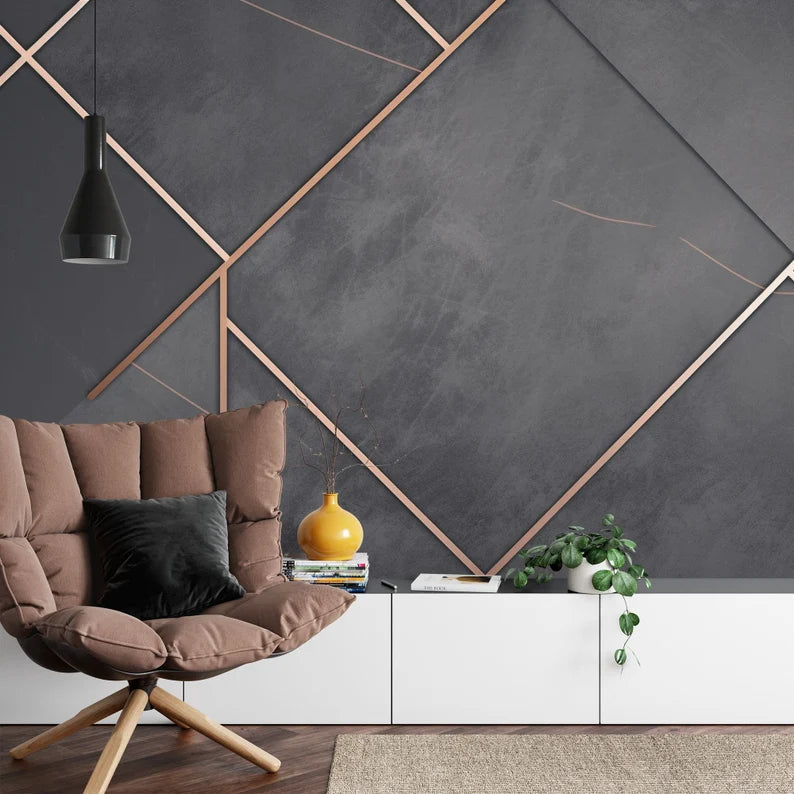 Charcoal Gray Marble Rose Gold Geometric Wallpaper Mural