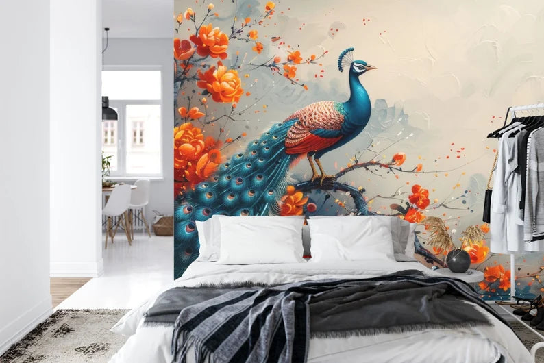 Vintage Floral Peacock Wallpaper Mural Art Print