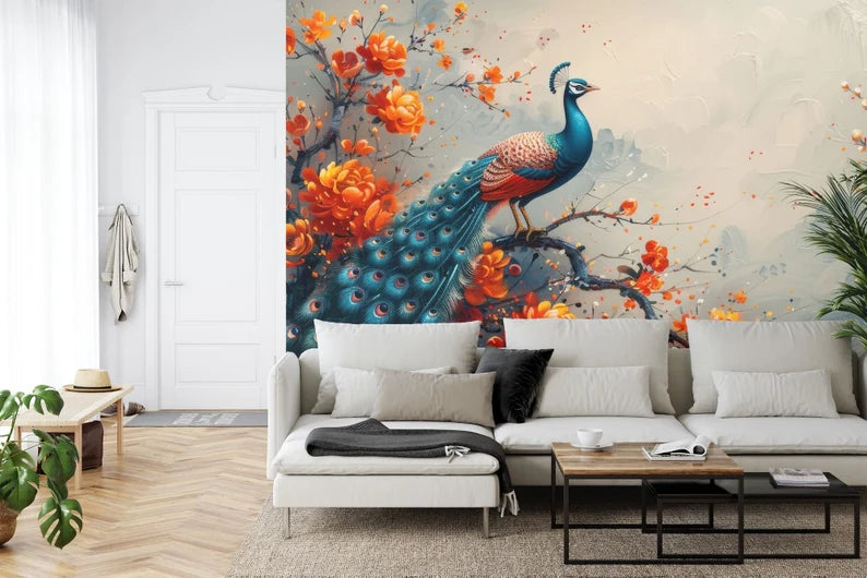 Vintage Floral Peacock Wallpaper Mural Art Print