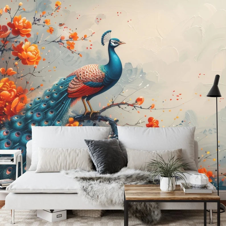 Vintage Floral Peacock Wallpaper Mural Art Print