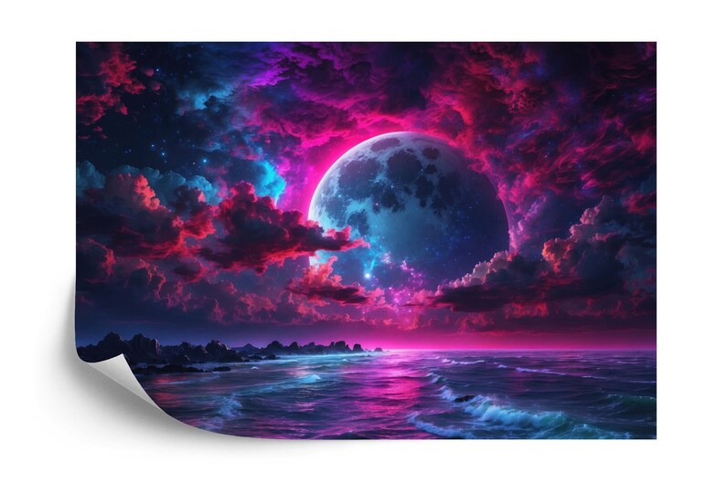 Neon Moon Wall Mural: Glowing Midnight Light Art Print
