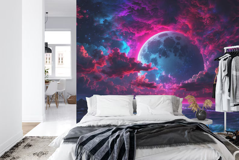 Neon Moon Wall Mural: Glowing Midnight Light Art Print