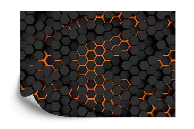 Hexagon Wall Mural | Dark Geometric, Orange Lights