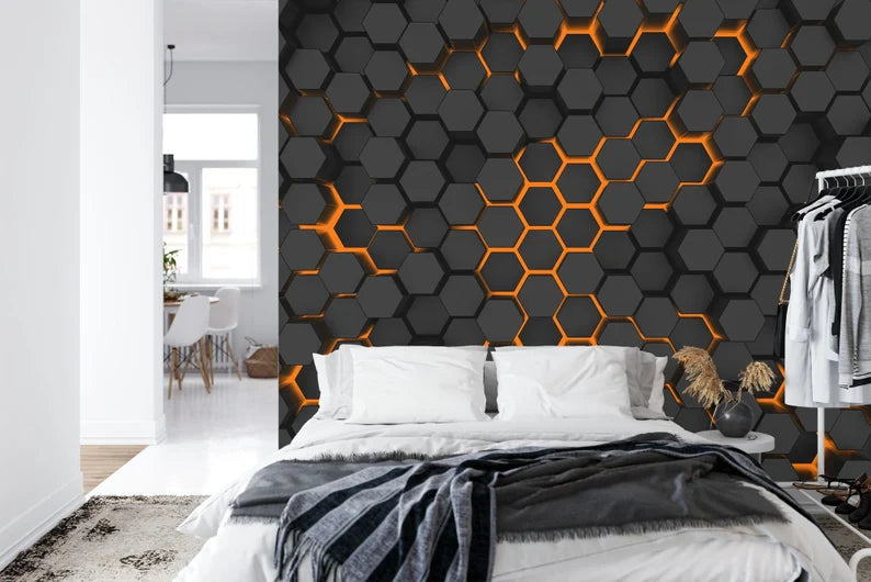 Hexagon Wall Mural | Dark Geometric, Orange Lights
