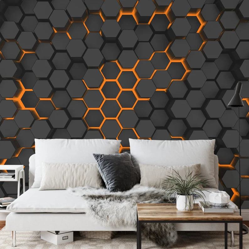 Hexagon Wall Mural | Dark Geometric, Orange Lights