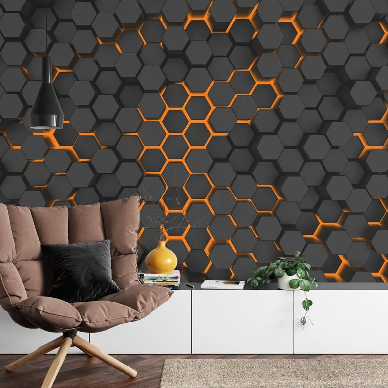 Hexagon Wall Mural | Dark Geometric, Orange Lights