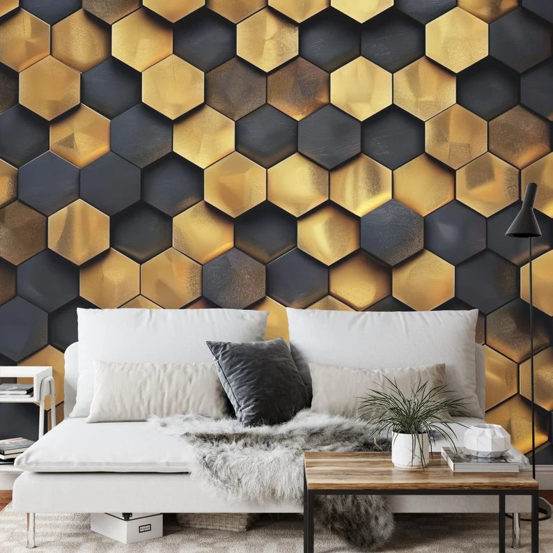 Gold and Black Hexagon Pattern Wall Mural