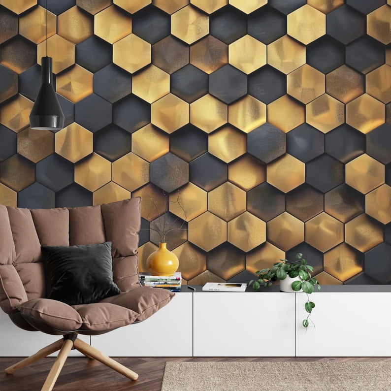 Gold and Black Hexagon Pattern Wall Mural