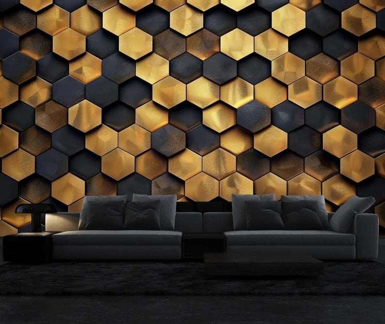 Gold and Black Hexagon Pattern Wall Mural