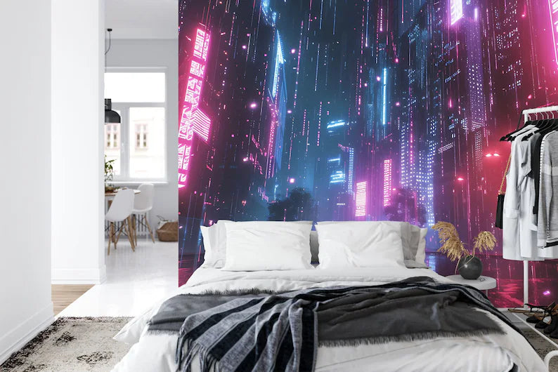 Cyberpunk City Wallpaper Mural, 3D Futuristic Sci-Fi