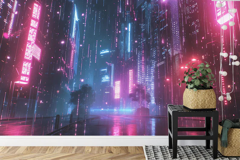 Cyberpunk City Wallpaper Mural, 3D Futuristic Sci-Fi