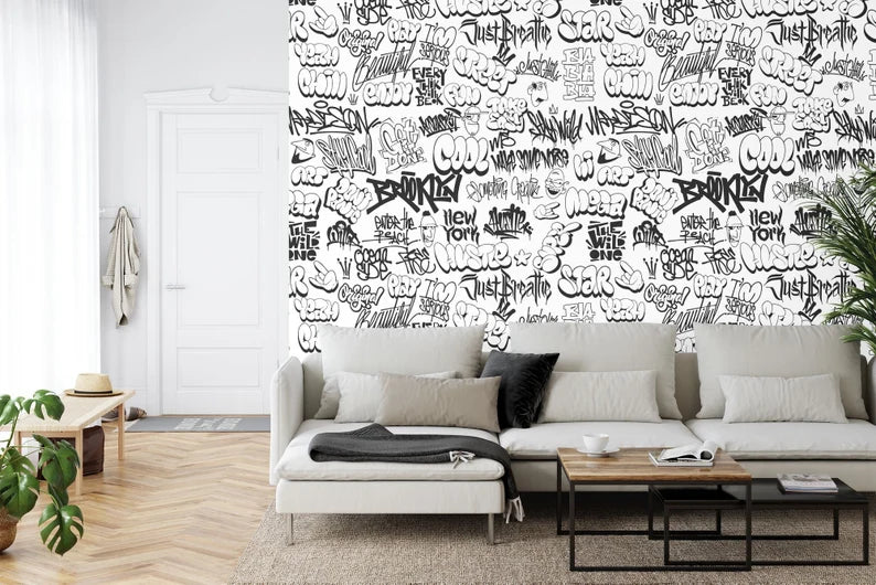 Urban Graffiti Wallpaper Mural, Black and White