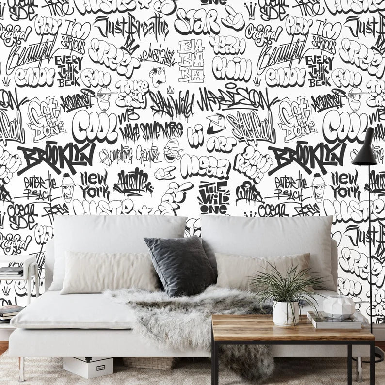 Urban Graffiti Wallpaper Mural, Black and White