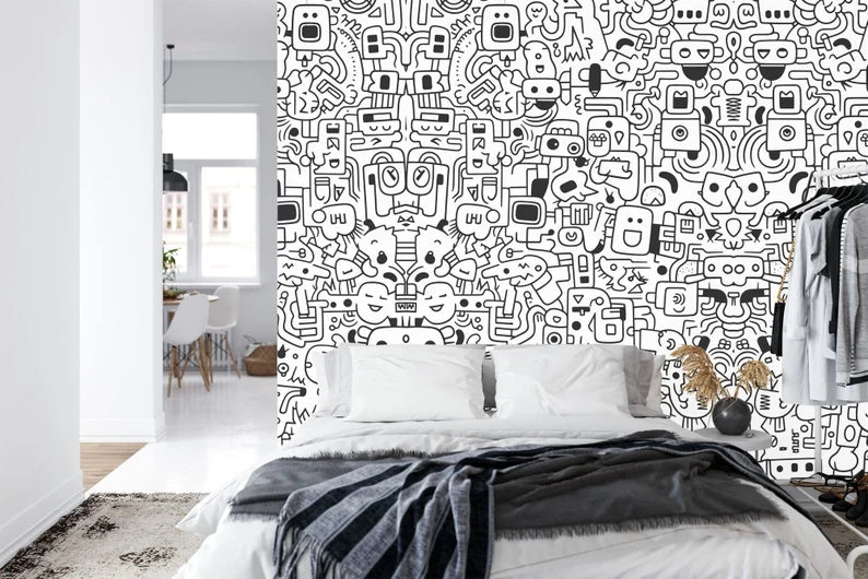 Black & White Doodle Mural, Kids Room Decor