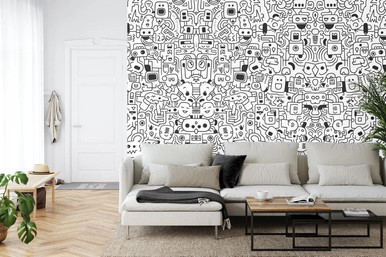 Black & White Doodle Mural, Kids Room Decor
