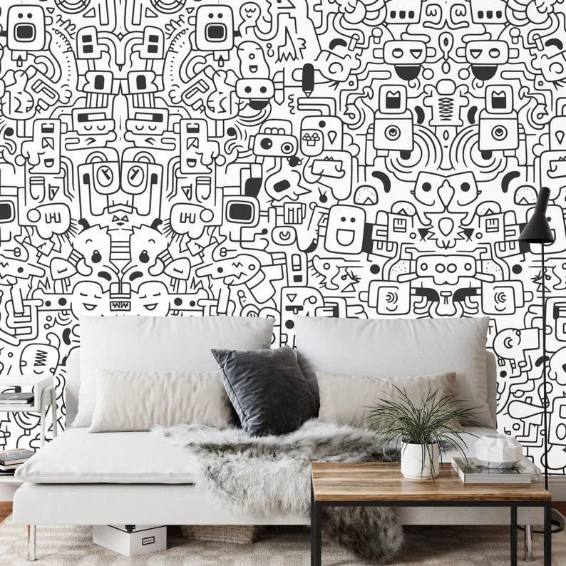 Black & White Doodle Mural, Kids Room Decor