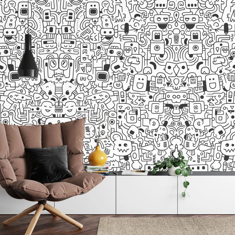 Black & White Doodle Mural, Kids Room Decor