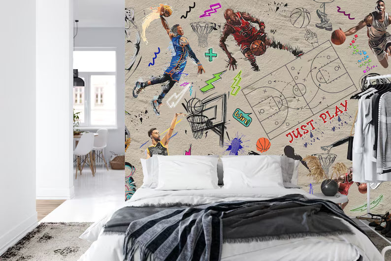Graffiti Basketball Mural: Urban Gym Decor