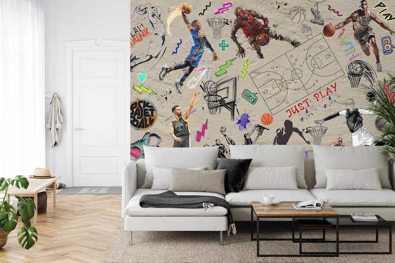 Graffiti Basketball Mural: Urban Gym Decor