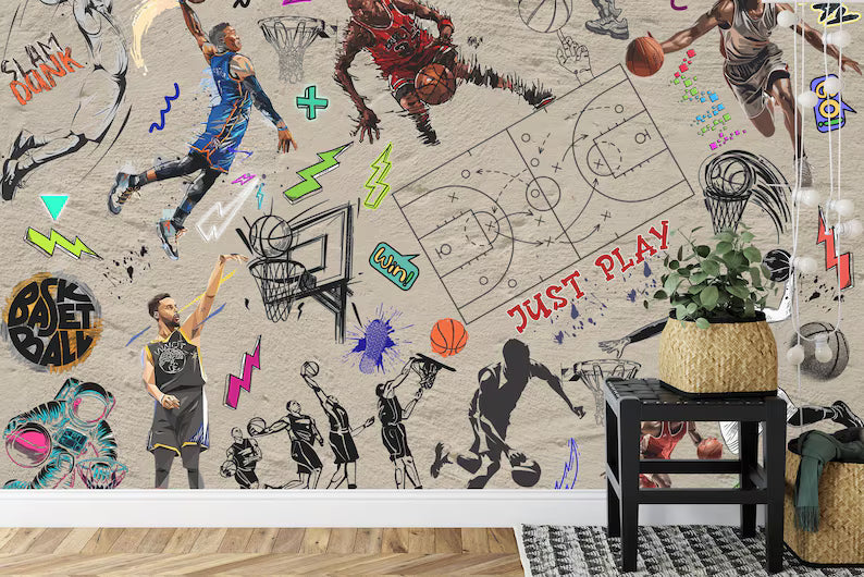Graffiti Basketball Mural: Urban Gym Decor