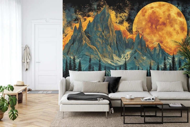 Mountain Full Moon Mural, Sky and Trees