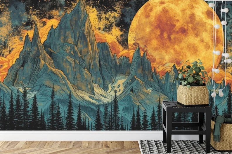 Mountain Full Moon Mural, Sky and Trees