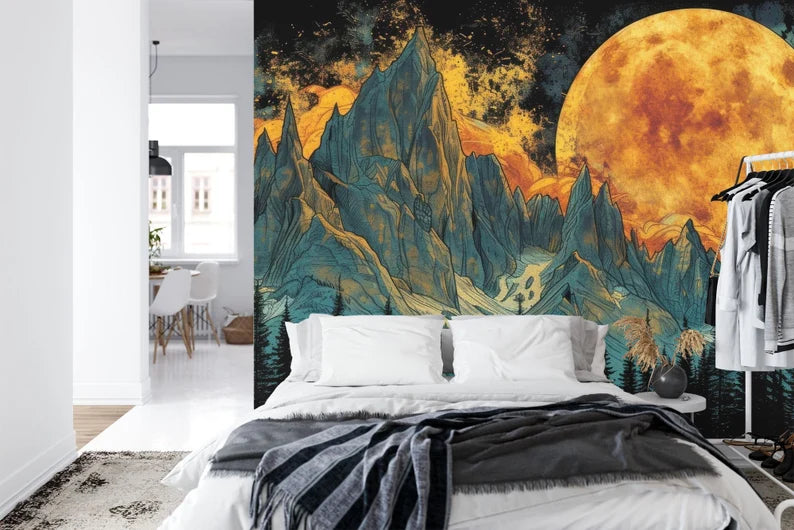 Mountain Full Moon Mural, Sky and Trees