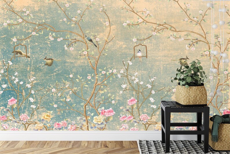Vintage Floral Bird Wallpaper Mural, Pastel Colors