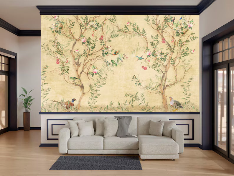 Chinoiserie Wallpaper Mural: Spring Flowers, Crane, Birds
